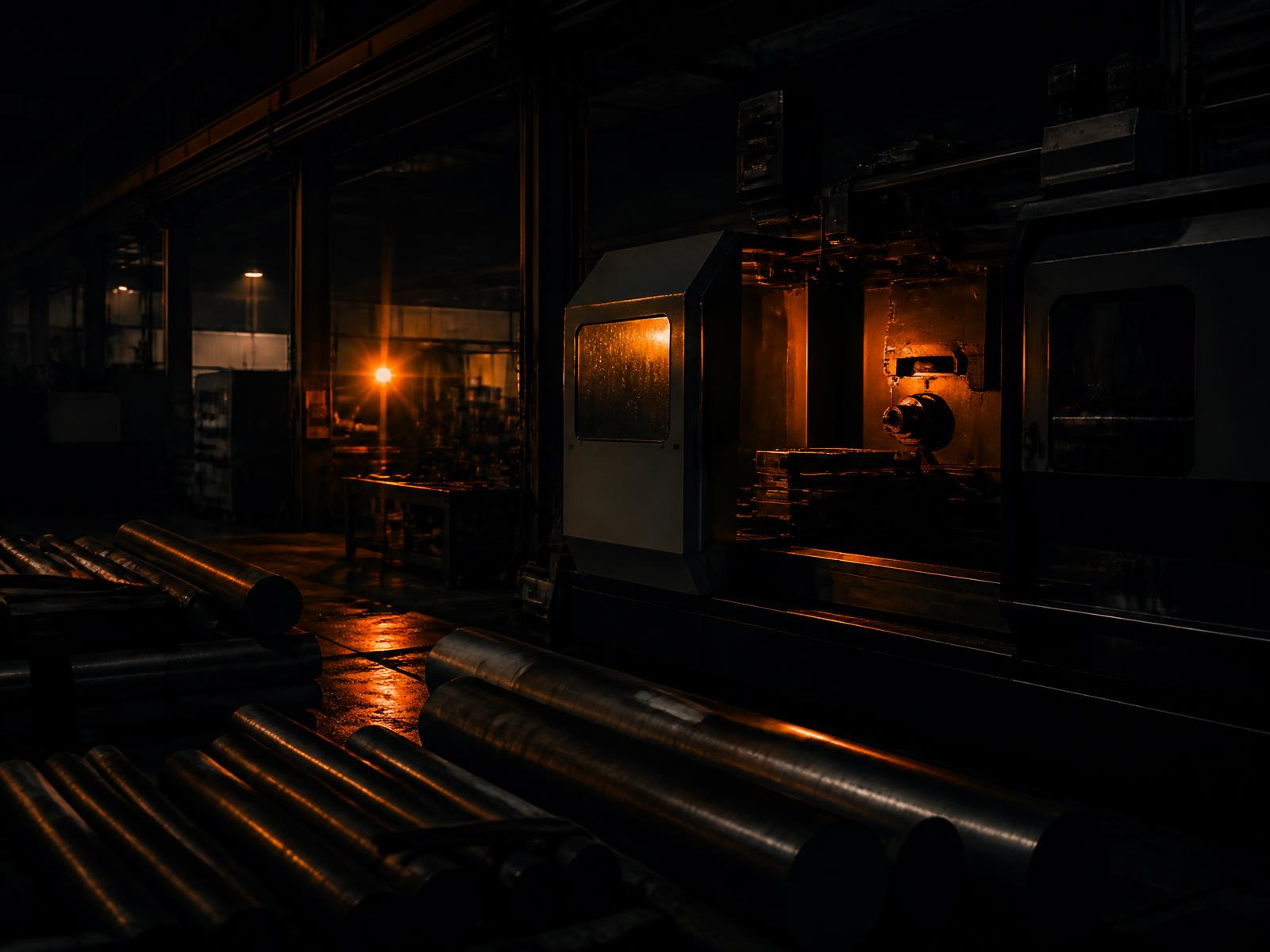 Dark manufacturing floor lit by a single work light